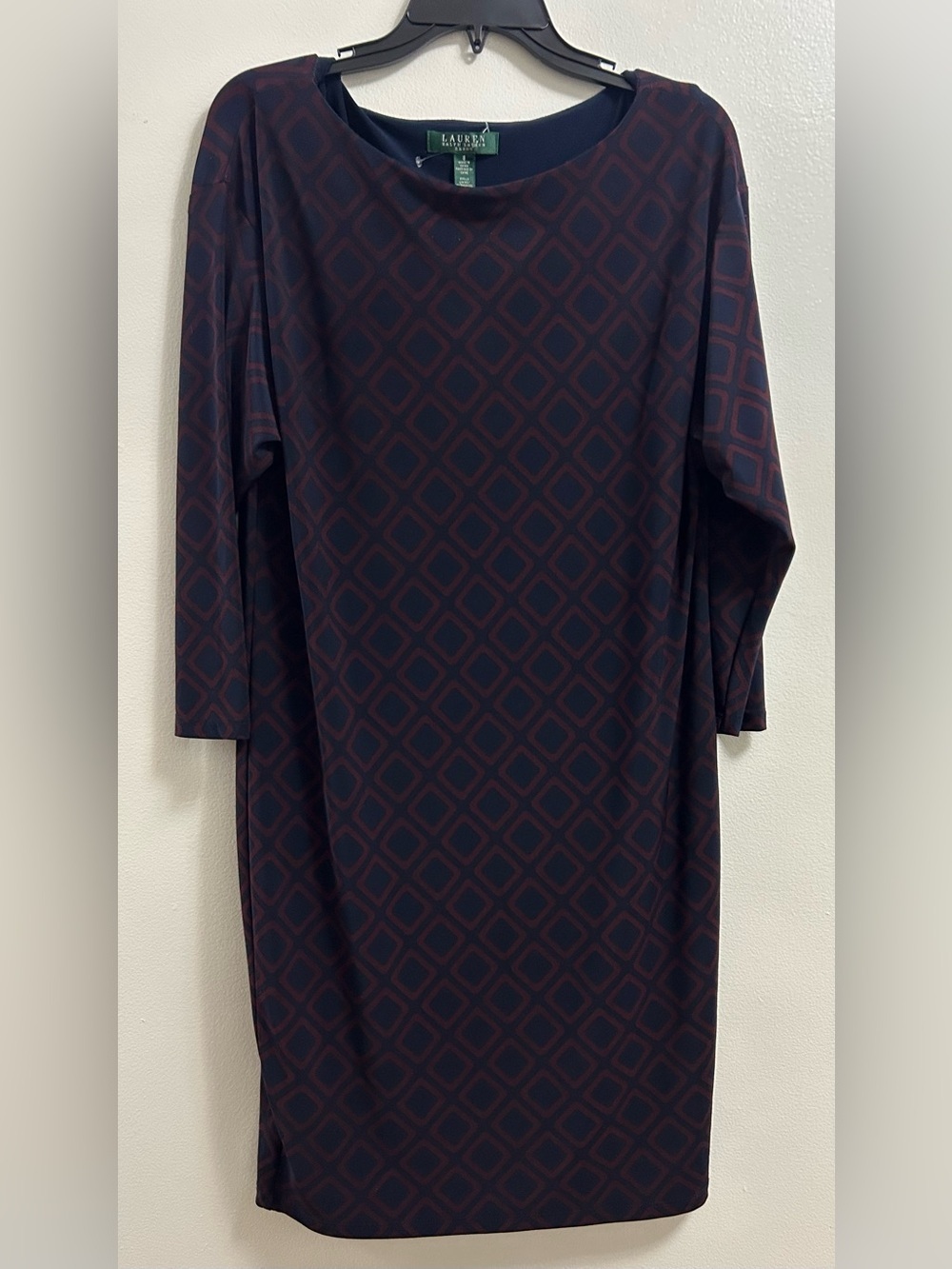 Lauren Ralph Lauren Navy and Burgundy Geometric Shift Dress (Size- 8)